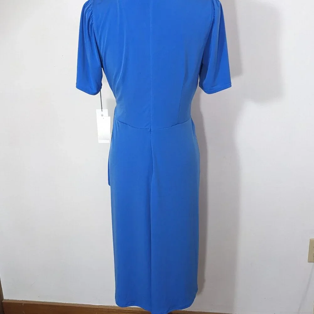 $74 NWT Liz Claiborne Blue Tie Belt Faux Wrap Dress Short Sleeve Size 6